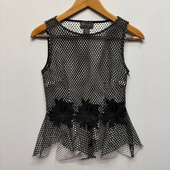 Gracia Women Laser Cut Sleeveless Top Blouse Size Small Black Peplum D064 -11 - Picture 14 of 14